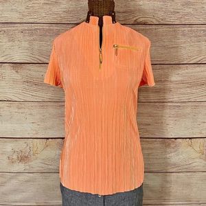 **sold**Jamie Sadock Hot Peach Faux Leather & Gold Trim Short Sleeve Top XS